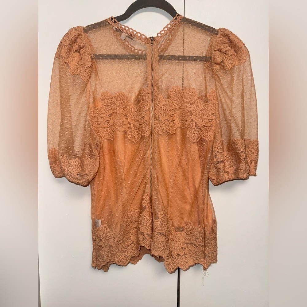 Story On Delicate Lace & Dot Mesh Puff-Sleeve Blouse in Rust SizeM - Picture 7 of 7